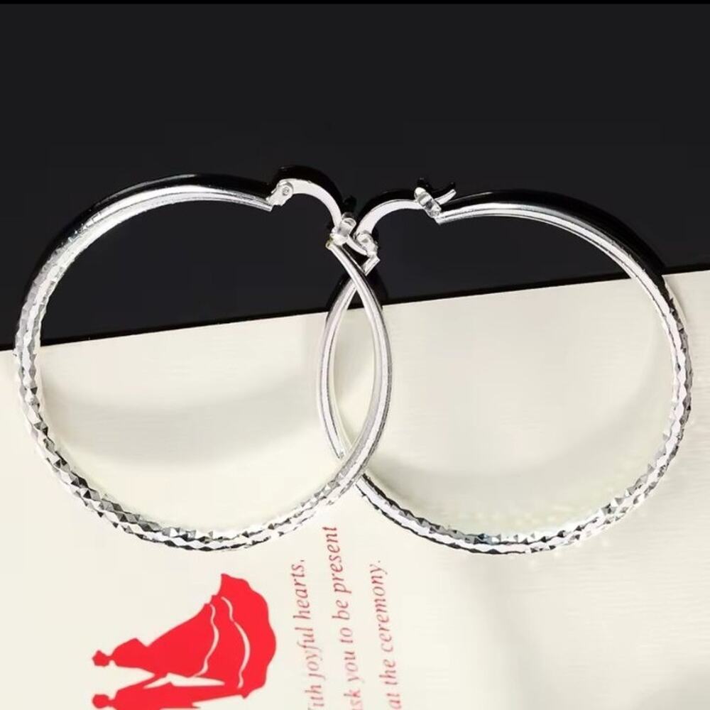925 Sterling Silver Hoop Earrings 2.5in. Disco 90s Y2K Women's Valentine's Gift